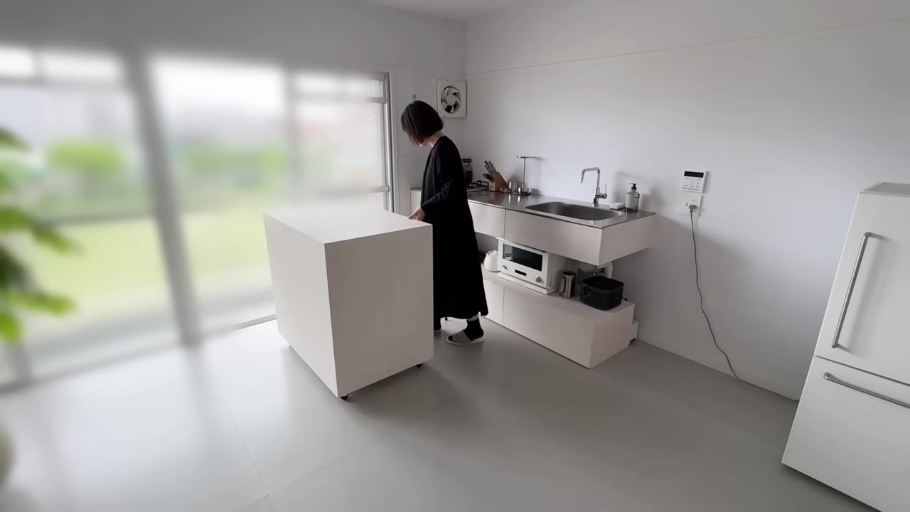 キャスター付きのキッチンワゴンと、壁付けのキッチン