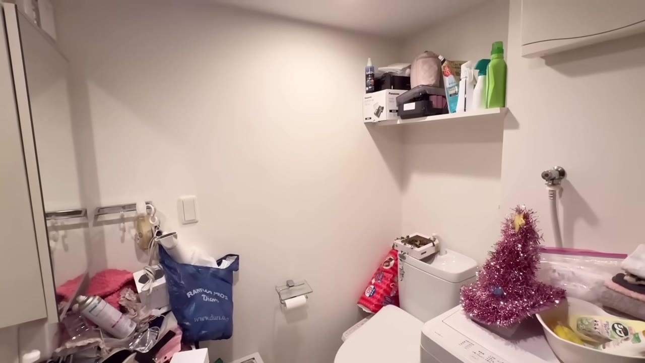 Before：棚も床もモノであふれていた洗面所