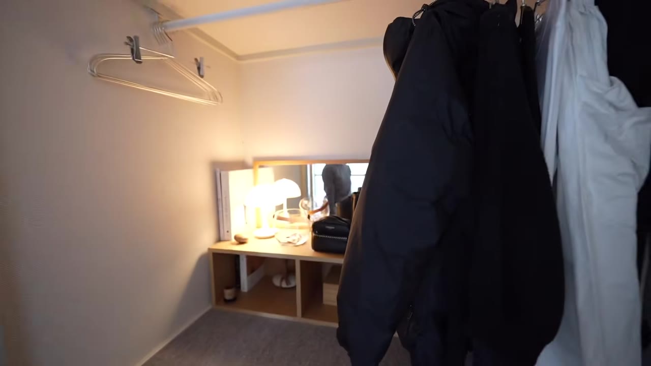 押し入れの中。ダウンと少数の服、そして鏡